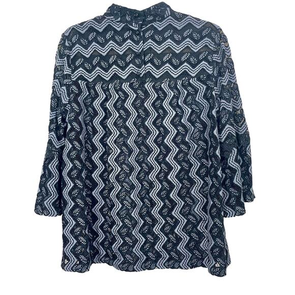 Anna Sui Top Blue Black Chevron Lace Bell Sleeve High Neck Cottagecore Large - Picture 2 of 10